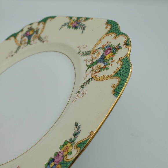 Gebruder Benedikt Czechoslovakia Bread Plate Gilt Green Border Floral Basket 7" - Picture 5 of 12